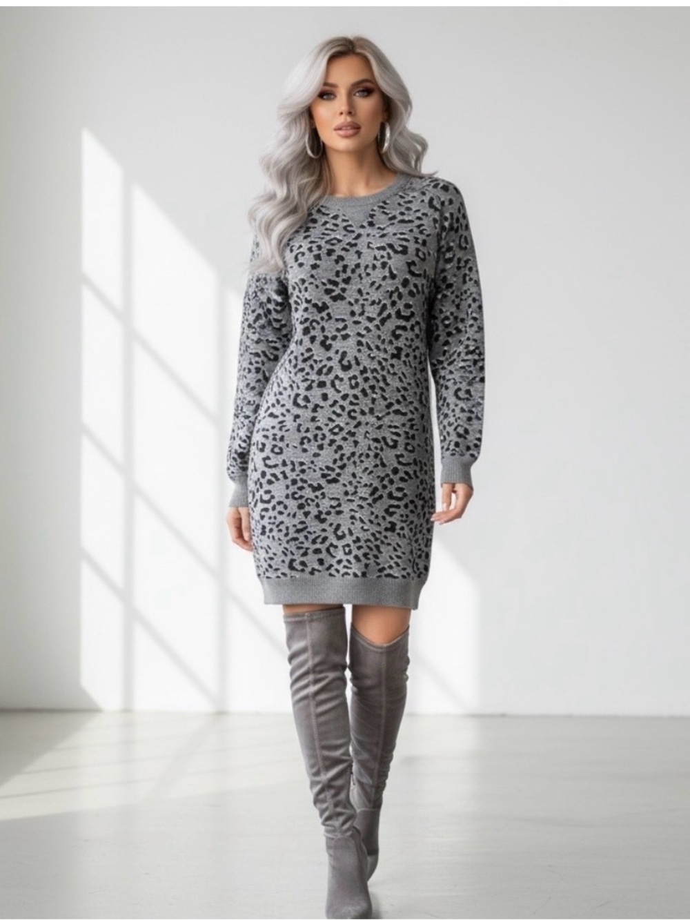 LOFT Grey Leopard Knit Long-Sleeve Sweater Dress